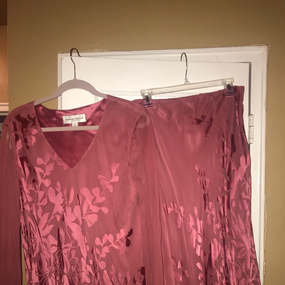 Coral color skirt and blouse - sheer sleeves